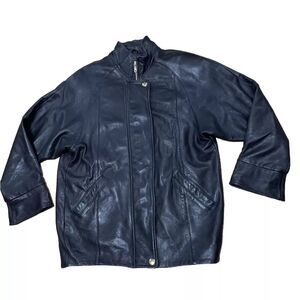 Valerie Stevens Lamb Leather Jacket Mens M Black Full Zip Coat Gold Buttons
